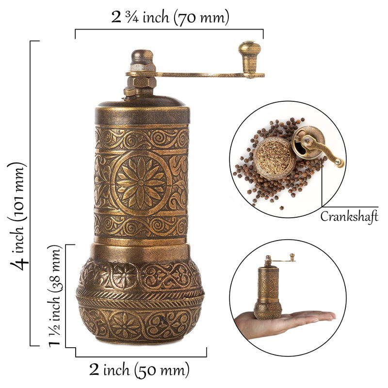 Crystalia Decorative Black Pepper Grinder, Refillable Turkish Spice Mill with Adjustable Coarseness, Manual Pepper Mill with Handle, Spice Grinder Metal with Hand Crank, Antique Gold - Image 5